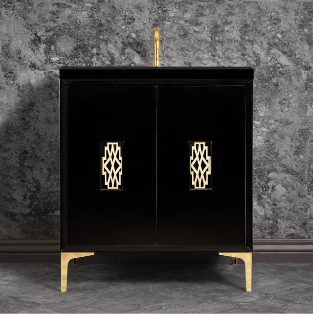 Linkasink - Frame 30'' Wide Black Vanity with Polished Brass Deco Grate and Legs, 30'' x 22'' x 33.5'' (without vanity top) - Black with Polished Brass Hardware