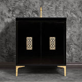 Linkasink - Frame 30'' Wide Black Vanity with Polished Brass Filigree Grate and Legs, 30'' x 22'' x 33.5'' (without vanity top) - Black with Polished Brass Hardware