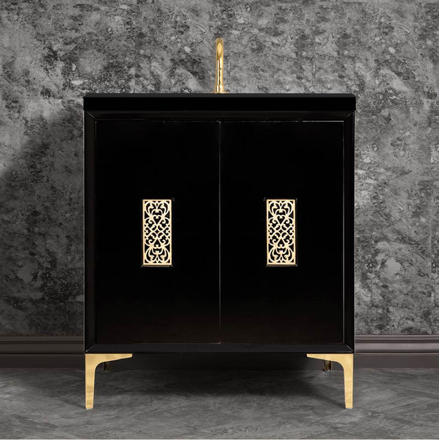 Linkasink - Frame 30'' Wide Black Vanity with Polished Brass Filigree Grate and Legs, 30'' x 22'' x 33.5'' (without vanity top) - Black with Polished Brass Hardware