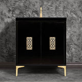Linkasink - Frame 30'' Wide Black Vanity with Satin Brass Filigree Grate and Legs, 30'' x 22'' x 33.5'' (without vanity top) - Black with Satin Brass Hardware