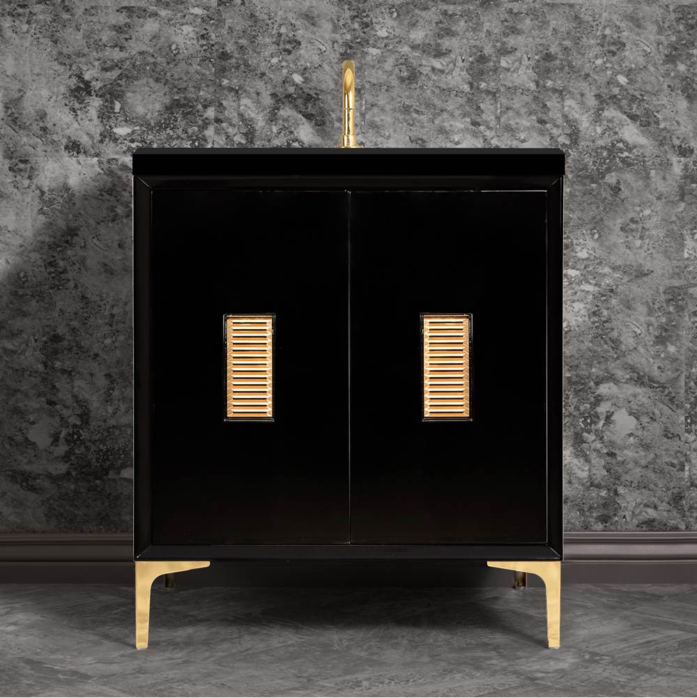 Linkasink - Frame 30'' Wide Black Vanity with Polished Brass Louver Grate and Legs, 30'' x 22'' x 33.5'' (without vanity top) - Black with Polished Brass Hardware