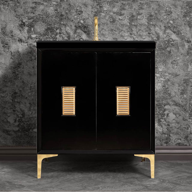 Linkasink - Frame 30'' Wide Black Vanity with Polished Brass Louver Grate and Legs, 30'' x 22'' x 33.5'' (without vanity top) - Black with Polished Brass Hardware