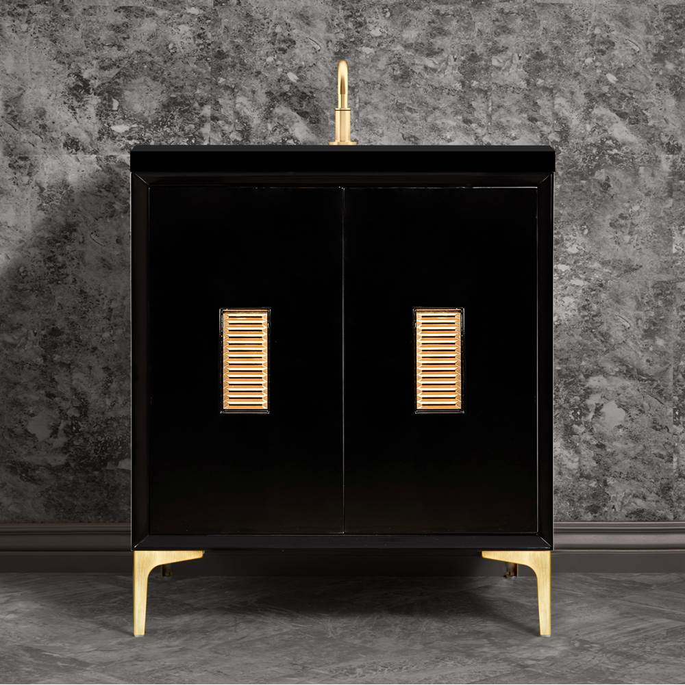 Linkasink - Frame 30'' Wide Black Vanity with Satin Brass Louver Grate and Legs, 30'' x 22'' x 33.5'' (without vanity top) - Black with Satin Brass Hardware