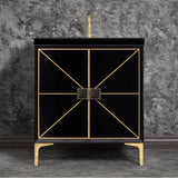 Linkasink - DIVERGENCE with Artisan Glass Hardware 30'' Wide Vanity, Black, Polished Brass Hardware, 30'' x 22'' x 33.5'' (without vanity top) - Polished Brass with Black Glass