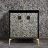 Linkasink - MOTHER OF PEARL with 3'' Artisan Glass Prism Hardware 30'' Wide Vanity, Black, Polished Brass Hardware, 30'' x 22'' x 33.5'' (without vanity top) - Polished Brass with Black Prism Glass