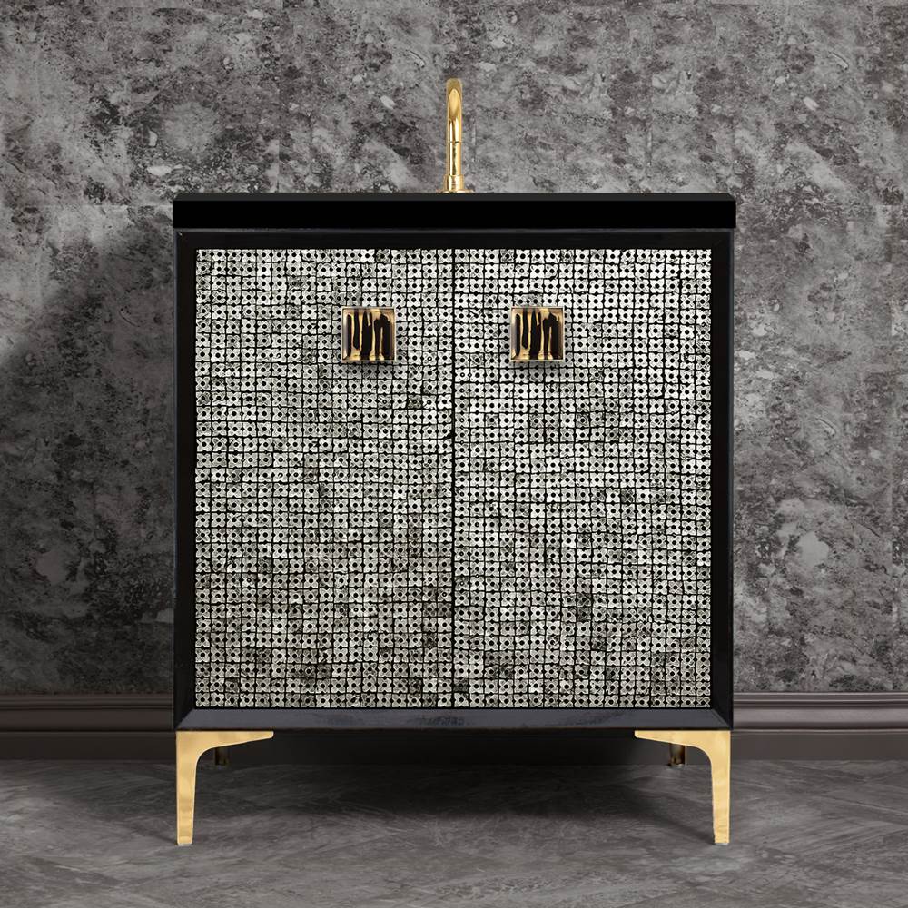 Linkasink - MOTHER OF PEARL with 3'' Artisan Glass Prism Hardware 30'' Wide Vanity, Black, Polished Brass Hardware, 30'' x 22'' x 33.5'' (without vanity top) - Polished Brass with Black Tiger Prism Glass