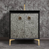 Linkasink - MOTHER OF PEARL with 3'' Artisan Glass Prism Hardware 30'' Wide Vanity, Black, Polished Brass Hardware, 30'' x 22'' x 33.5'' (without vanity top) - Polished Brass with Black Tiger Prism Glass
