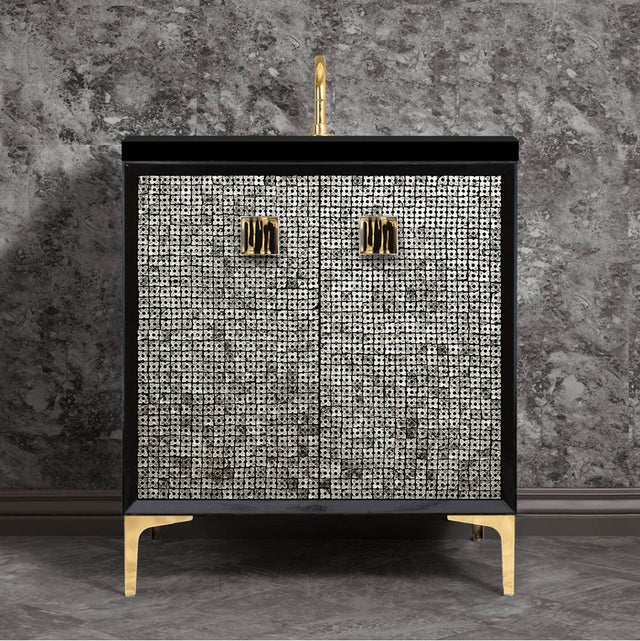 Linkasink - MOTHER OF PEARL with 3'' Artisan Glass Prism Hardware 30'' Wide Vanity, Black, Polished Brass Hardware, 30'' x 22'' x 33.5'' (without vanity top) - Polished Brass with Black Tiger Prism Glass