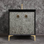 Linkasink - MOTHER OF PEARL with 3'' Artisan Glass Prism Hardware 30'' Wide Vanity, Black, Polished Brass Hardware, 30'' x 22'' x 33.5'' (without vanity top) - Polished Brass with Black Tiger Prism Glass