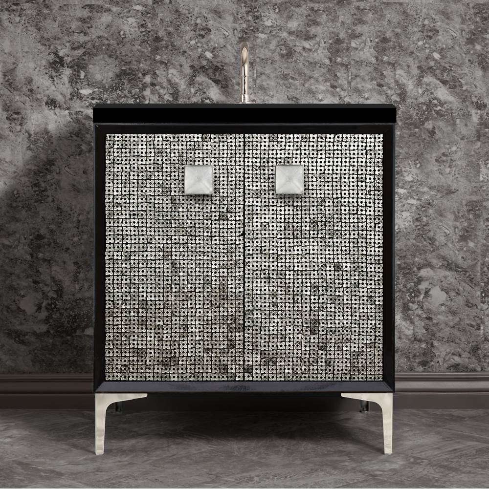 Linkasink - MOTHER OF PEARL with 3'' Artisan Glass Prism Hardware 30'' Wide Vanity, Black, Polished Nickel Hardware, 30'' x 22'' x 33.5'' (without vanity top) - Polished Nickel with Ã‰glomisÃ© Prism Glass