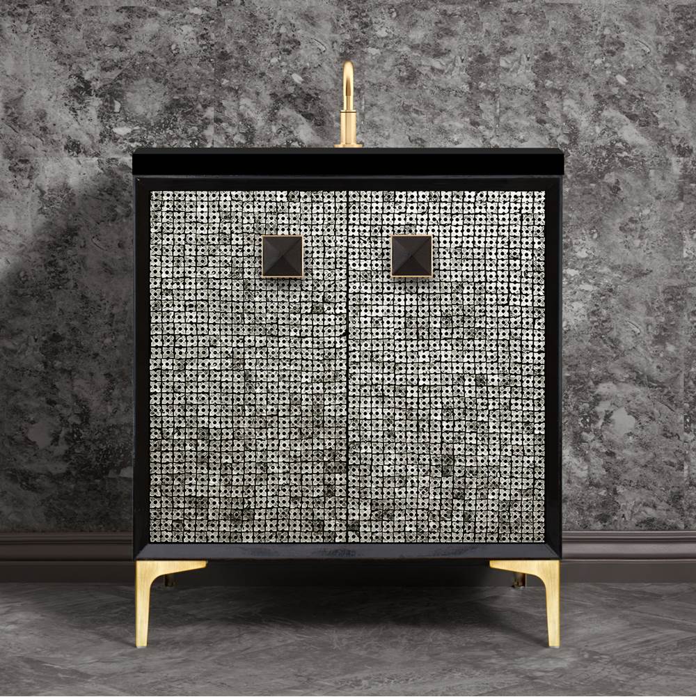 Linkasink - MOTHER OF PEARL with 3'' Artisan Glass Prism Hardware 30'' Wide Vanity, Black, Satin Brass Hardware, 30'' x 22'' x 33.5'' (without vanity top) - Satin Brass with Black Prism Glass