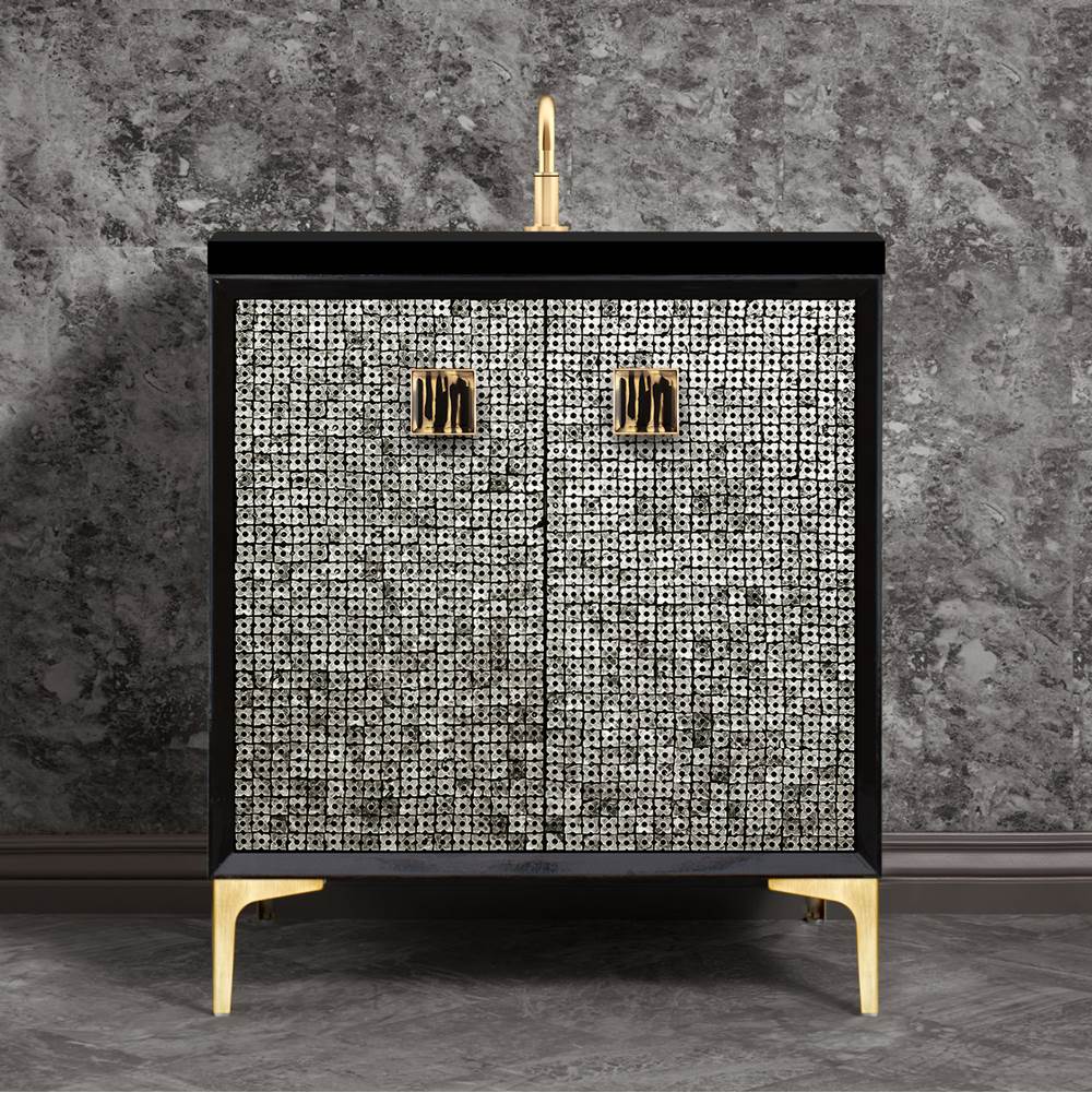 Linkasink - Mother of Pearl with 3'' Black Tiger Artisan Glass Prism, 30'' Wide Vanity, Black, Satin Brass Hardware with White Glass, 30'' x 22'' x 33.5'' (without vanity top) - Satin Brass with Black Tiger Prism Glass