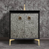 Linkasink - Mother of Pearl with 3'' Black Tiger Artisan Glass Prism, 30'' Wide Vanity, Black, Satin Brass Hardware with White Glass, 30'' x 22'' x 33.5'' (without vanity top) - Satin Brass with Black Tiger Prism Glass