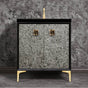 Linkasink - Mother of Pearl with 3'' Black Tiger Artisan Glass Prism, 30'' Wide Vanity, Black, Satin Brass Hardware with White Glass, 30'' x 22'' x 33.5'' (without vanity top) - Satin Brass with Black Tiger Prism Glass