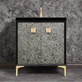 Linkasink - MOTHER OF PEARL with 3'' Artisan Glass Prism Hardware 30'' Wide Vanity, Black, Satin Brass Hardware, 30'' x 22'' x 33.5'' (without vanity top) - Satin Brass with Eglomise Prism Glass