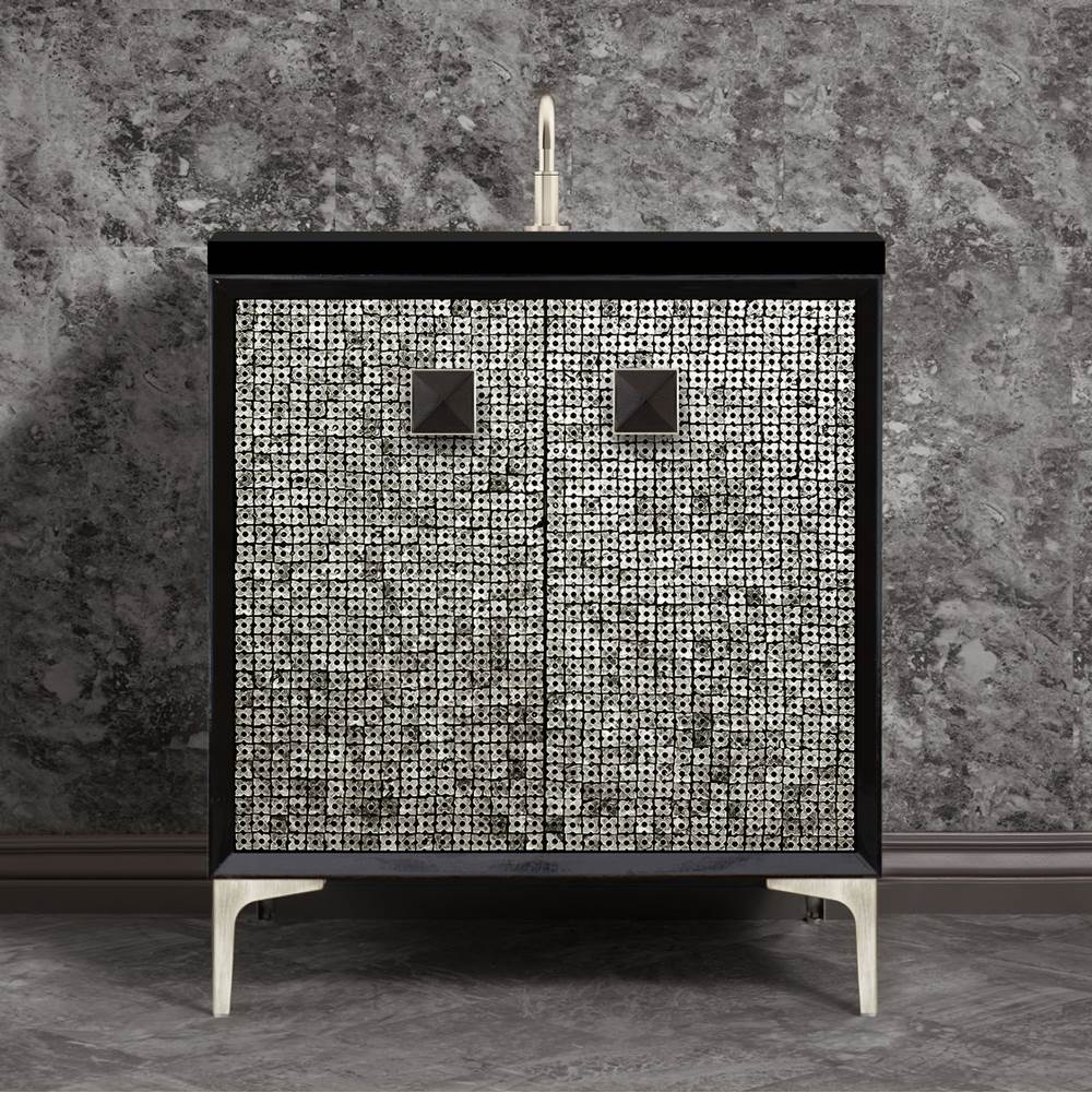 Linkasink - MOTHER OF PEARL with 3'' Artisan Glass Prism Hardware 30'' Wide Vanity, Black, Satin Nickel Hardware, 30'' x 22'' x 33.5'' (without vanity top) - Satin Nickel with Black Prism Glass