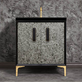 Linkasink - MOTHER OF PEARL with 8'' Artisan Glass Prism Hardware 30'' Wide Vanity, Black, Polished Brass Hardware, 30'' x 22'' x 33.5'' (without vanity top) - Polished Brass with Black Prism Glass