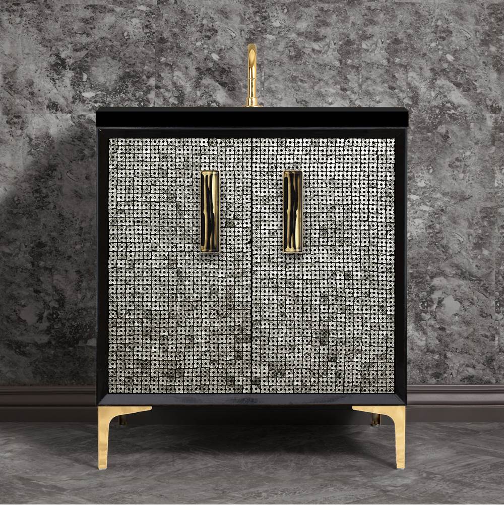 Linkasink - MOTHER OF PEARL with 8'' Artisan Glass Prism Hardware 30'' Wide Vanity, Black, Polished Brass Hardware, 30'' x 22'' x 33.5'' (without vanity top) - Polished Brass with Black Tiger Prism Glass