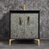 Linkasink - MOTHER OF PEARL with 8'' Artisan Glass Prism Hardware 30'' Wide Vanity, Black, Polished Brass Hardware, 30'' x 22'' x 33.5'' (without vanity top) - Polished Brass with Black Tiger Prism Glass