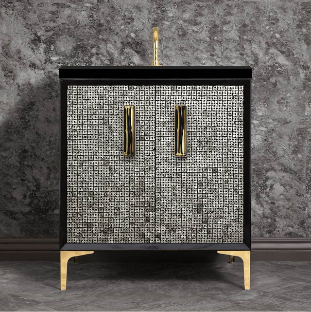 Linkasink - MOTHER OF PEARL with 8'' Artisan Glass Prism Hardware 30'' Wide Vanity, Black, Polished Brass Hardware, 30'' x 22'' x 33.5'' (without vanity top) - Polished Brass with Black Tiger Prism Glass