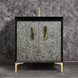 Linkasink - MOTHER OF PEARL with 8'' Artisan Glass Prism Hardware 30'' Wide Vanity, Black, Polished Brass Hardware, 30'' x 22'' x 33.5'' (without vanity top) - Polished Brass with Black Tiger Prism Glass