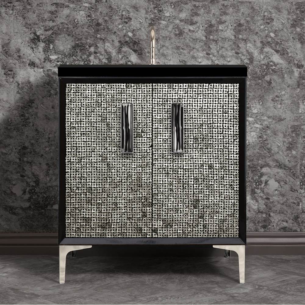 Linkasink - MOTHER OF PEARL with 8'' Artisan Glass Prism Hardware 30'' Wide Vanity, Black, Polished Nickel Hardware, 30'' x 22'' x 33.5'' (without vanity top) - Polished Nickel with Black Tiger Prism Glass