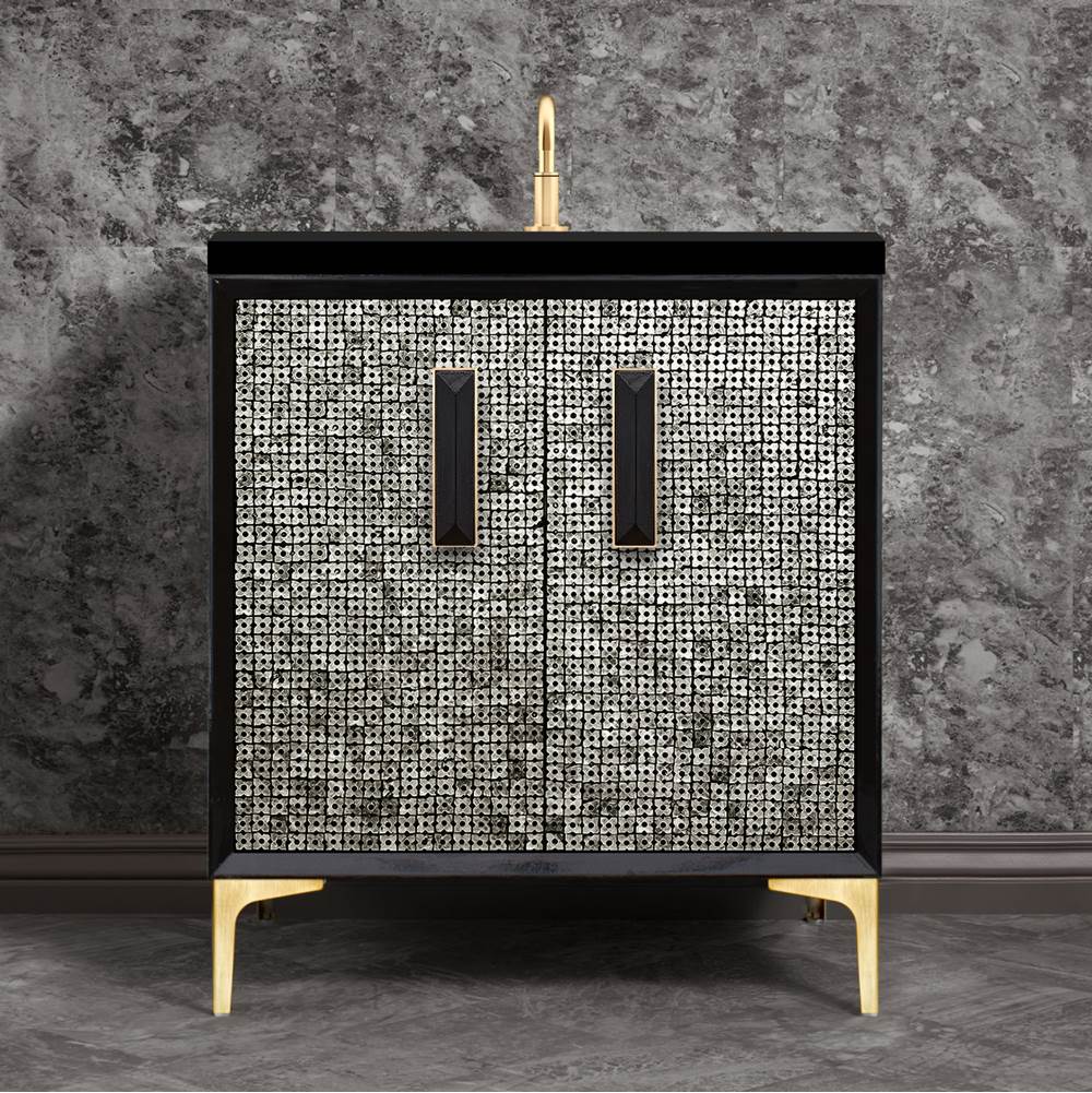 Linkasink - MOTHER OF PEARL with 8'' Artisan Glass Prism Hardware 30'' Wide Vanity, Black, Satin Brass Hardware, 30'' x 22'' x 33.5'' (without vanity top) - Satin Brass with Black Prism Glass