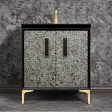 Linkasink - MOTHER OF PEARL with 8'' Artisan Glass Prism Hardware 30'' Wide Vanity, Black, Satin Brass Hardware, 30'' x 22'' x 33.5'' (without vanity top) - Satin Brass with Black Prism Glass
