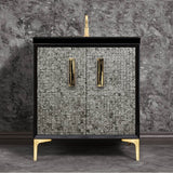 Linkasink - Mother of Pearl with 8'' Black Tiger Artisan Glass Prism, 30'' Wide Vanity, Black, Satin Brass Hardware with White Glass, 30'' x 22'' x 33.5'' (without vanity top) - Satin Brass with Black Tiger Prism Glass