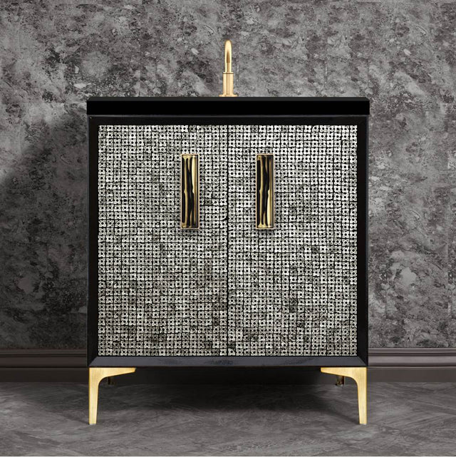 Linkasink - Mother of Pearl with 8'' Black Tiger Artisan Glass Prism, 30'' Wide Vanity, Black, Satin Brass Hardware with White Glass, 30'' x 22'' x 33.5'' (without vanity top) - Satin Brass with Black Tiger Prism Glass