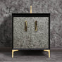 Linkasink - Mother of Pearl with 8'' Black Tiger Artisan Glass Prism, 30'' Wide Vanity, Black, Satin Brass Hardware with White Glass, 30'' x 22'' x 33.5'' (without vanity top) - Satin Brass with Black Tiger Prism Glass