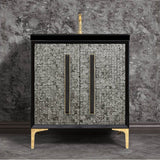 Linkasink - MOTHER OF PEARL with 18'' Artisan Glass Prism Hardware 30'' Wide Vanity, Black, Polished Brass Hardware, 30'' x 22'' x 33.5'' (without vanity top) - Polished Brass with Black Prism Glass