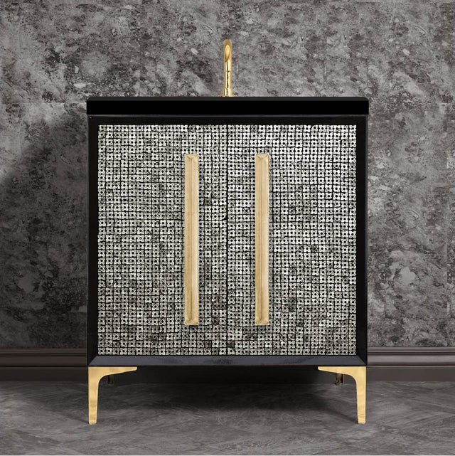 Linkasink - MOTHER OF PEARL with 18'' Artisan Glass Prism Hardware 30'' Wide Vanity, Black, Polished Brass Hardware, 30'' x 22'' x 33.5'' (without vanity top) - Polished Brass with Eglomise Prism Glass