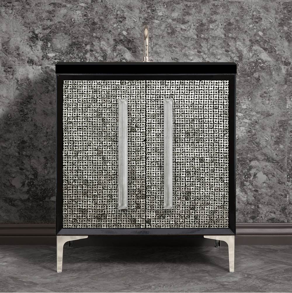 Linkasink - MOTHER OF PEARL with 18'' Artisan Glass Prism Hardware 30'' Wide Vanity, Black, Polished Nickel Hardware, 30'' x 22'' x 33.5'' (without vanity top) - Polished Nickel with Ã‰glomisÃ© Prism Glass