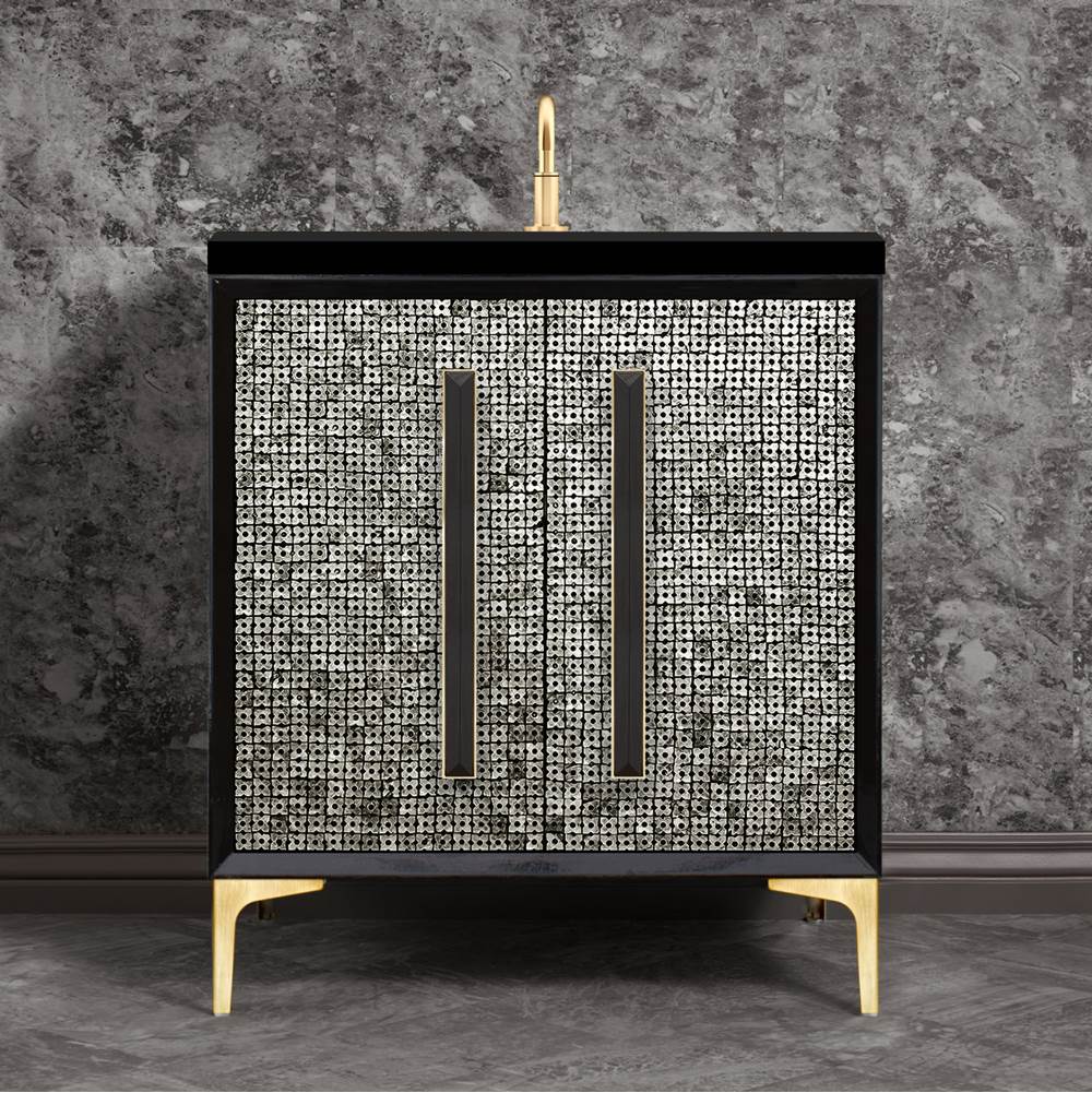 Linkasink - MOTHER OF PEARL with 18'' Artisan Glass Prism Hardware 30'' Wide Vanity, Black, Satin Brass Hardware, 30'' x 22'' x 33.5'' (without vanity top) - Satin Brass with Black Prism Glass