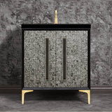 Linkasink - MOTHER OF PEARL with 18'' Artisan Glass Prism Hardware 30'' Wide Vanity, Black, Satin Brass Hardware, 30'' x 22'' x 33.5'' (without vanity top) - Satin Brass with Black Prism Glass