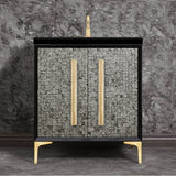Linkasink - MOTHER OF PEARL with 18'' Artisan Glass Prism Hardware 30'' Wide Vanity, Black, Satin Brass Hardware, 30'' x 22'' x 33.5'' (without vanity top) - Satin Brass with Eglomise Prism Glass