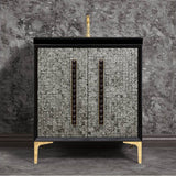 Linkasink - MOTHER OF PEARL with 18'' Artisan Glass Pyramid Hardware 30'' Wide Vanity, Black, Polished Brass Hardware, 30'' x 22'' x 33.5'' (without vanity top) - Polished Brass with Black Pyramid Glass