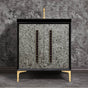Linkasink - MOTHER OF PEARL with 18'' Artisan Glass Pyramid Hardware 30'' Wide Vanity, Black, Polished Brass Hardware, 30'' x 22'' x 33.5'' (without vanity top) - Polished Brass with Black Pyramid Glass