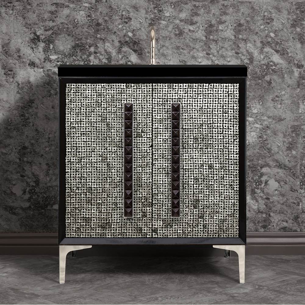 Linkasink - MOTHER OF PEARL with 18'' Artisan Glass Pyramid Hardware 30'' Wide Vanity, Black, Polished Nickel Hardware, 30'' x 22'' x 33.5'' (without vanity top) - Polished Nickel with Black Pyramid Glass