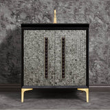 Linkasink - MOTHER OF PEARL with 18'' Artisan Glass Pyramid Hardware 30'' Wide Vanity, Black, Satin Brass Hardware, 30'' x 22'' x 33.5'' (without vanity top) - Satin Brass with Black Pyramid Glass