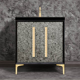 Linkasink - MOTHER OF PEARL with 18'' Artisan Glass Pyramid Hardware 30'' Wide Vanity, Black, Satin Brass Hardware, 30'' x 22'' x 33.5'' (without vanity top) - Satin Brass with Ã‰glomisÃ© Pyramid Glass