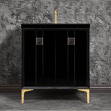 Linkasink - TUXEDO with 3'' Artisan Glass Prism Hardware 30'' Wide Vanity, Black, Polished Brass Hardware, 30'' x 22'' x 33.5'' (without vanity top) - Polished Brass with Black Prism Glass