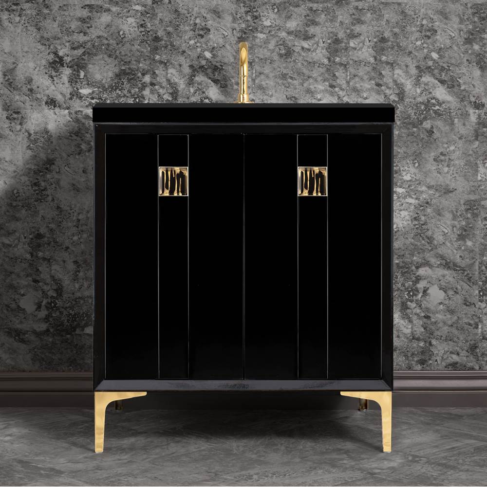 Linkasink - TUXEDO with 3'' Artisan Glass Prism Hardware 30'' Wide Vanity, Black, Polished Brass Hardware, 30'' x 22'' x 33.5'' (without vanity top) - Polished Brass with Black Tiger Prism Glass