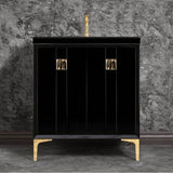 Linkasink - TUXEDO with 3'' Artisan Glass Prism Hardware 30'' Wide Vanity, Black, Polished Brass Hardware, 30'' x 22'' x 33.5'' (without vanity top) - Polished Brass with Black Tiger Prism Glass