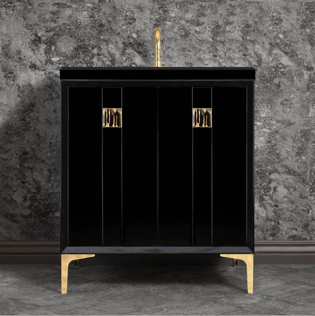 Linkasink - TUXEDO with 3'' Artisan Glass Prism Hardware 30'' Wide Vanity, Black, Polished Brass Hardware, 30'' x 22'' x 33.5'' (without vanity top) - Polished Brass with Black Tiger Prism Glass