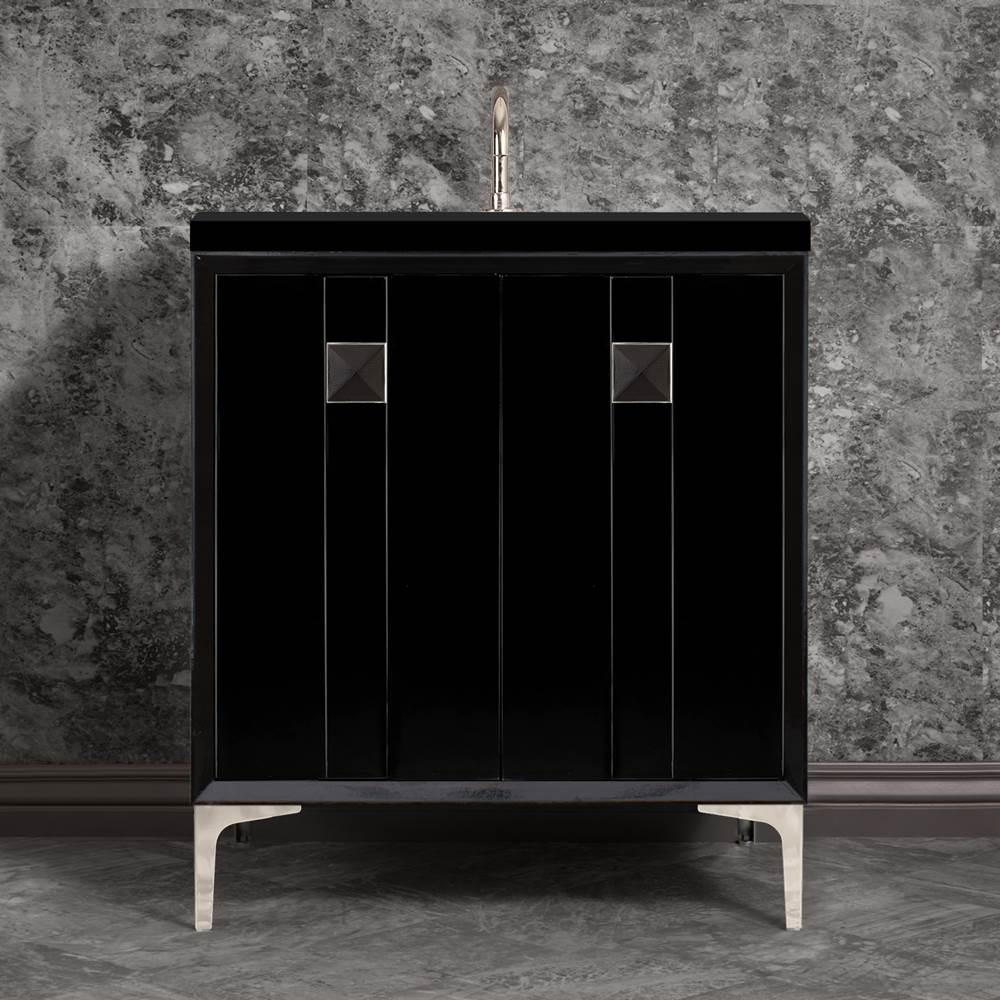 Linkasink - TUXEDO with 3'' Artisan Glass Prism Hardware 30'' Wide Vanity, Black, Polished Nickel Hardware, 30'' x 22'' x 33.5'' (without vanity top) - Polished Nickel with Black Prism Glass