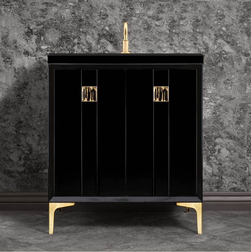 Linkasink - Tuxedo with 3'' Black Tiger Artisan Glass Prism, 30'' Wide Vanity, Black, Satin Brass Hardware with White Glass, 30'' x 22'' x 33.5'' (without vanity top) - Satin Brass with Black Tiger Prism Glass