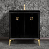 Linkasink - Tuxedo with 3'' Black Tiger Artisan Glass Prism, 30'' Wide Vanity, Black, Satin Brass Hardware with White Glass, 30'' x 22'' x 33.5'' (without vanity top) - Satin Brass with Black Tiger Prism Glass