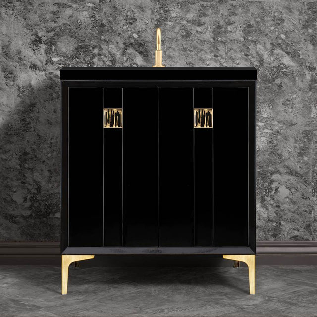 Linkasink - Tuxedo with 3'' Black Tiger Artisan Glass Prism, 30'' Wide Vanity, Black, Satin Brass Hardware with White Glass, 30'' x 22'' x 33.5'' (without vanity top) - Satin Brass with Black Tiger Prism Glass